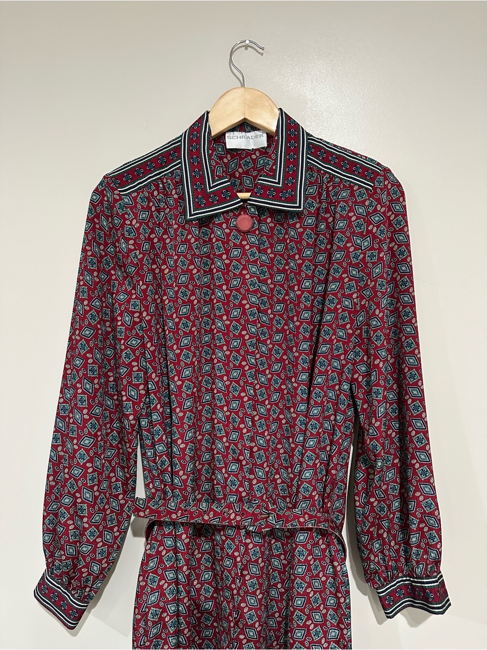 Vintage Schrader Red Geometric Belted Shirt Dress Retro Fits XL Midi Pockets - Picture 5 of 16